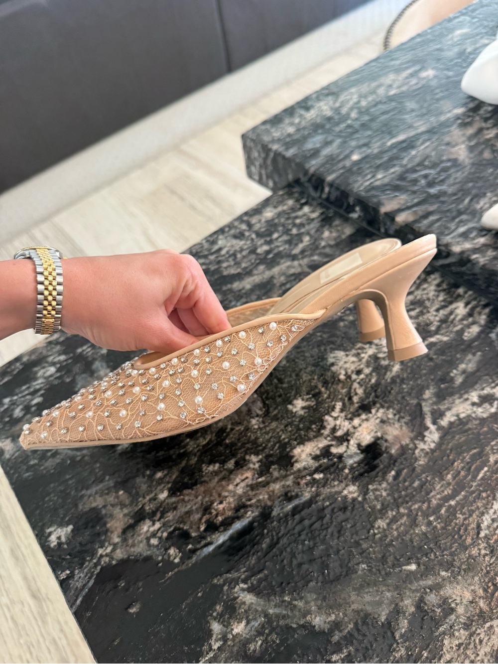 Dolce Vita Nude Beaded Pointed Mules with Pearl & Crystal Embellishment - Picture 3 of 3